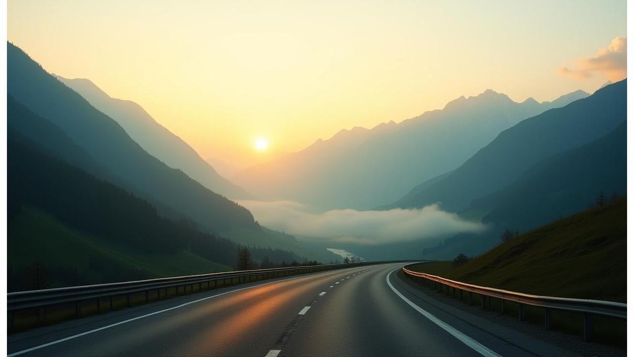 Panorama der Alpen mit Autobahn im Vordergrund bei Sonnenaufgang